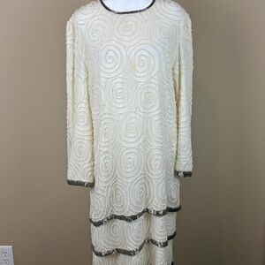 Laurence Kazar New York 100% Silk Vintage Angled Ivory Formal Beaded Midi Dress